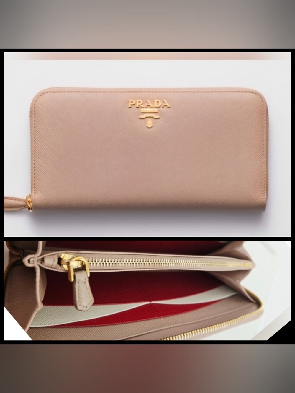 Authentic PRADA Vitello Zip Nude Blush & Gold Saffiano Leather Wallet WOC Clutch